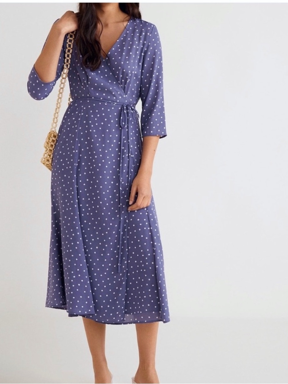 Mango Brand Polka Dot Wrap Midi Dress Preppy Chic Wedding Classic Workwear